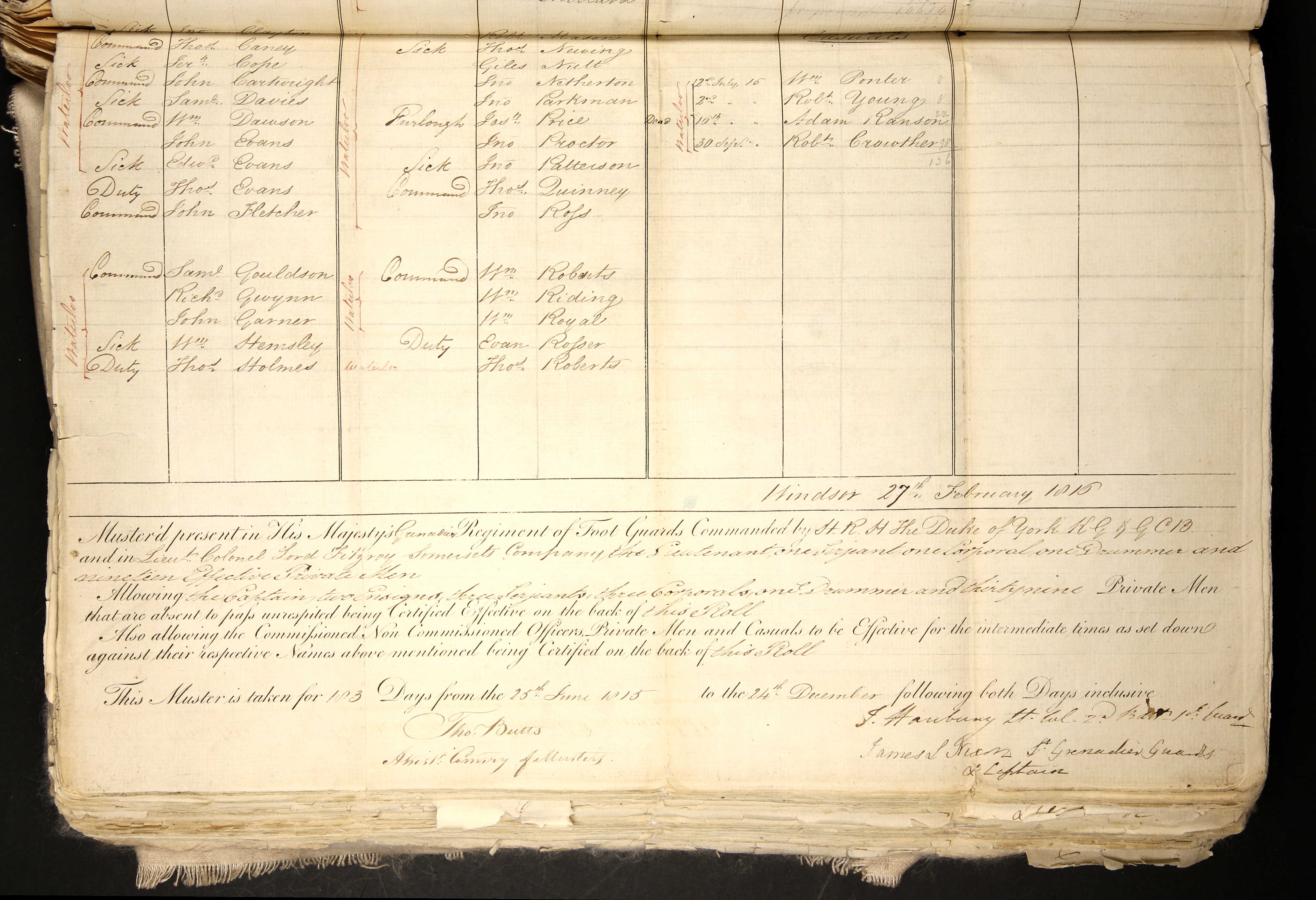 Foot Guards Muster Roll 25 Jun 1815 to 24 Dec 1815 (2of2) 